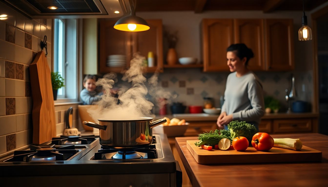 Steaming pot on the stove with vegetables on the counter, mom and child in the background on a weeknight