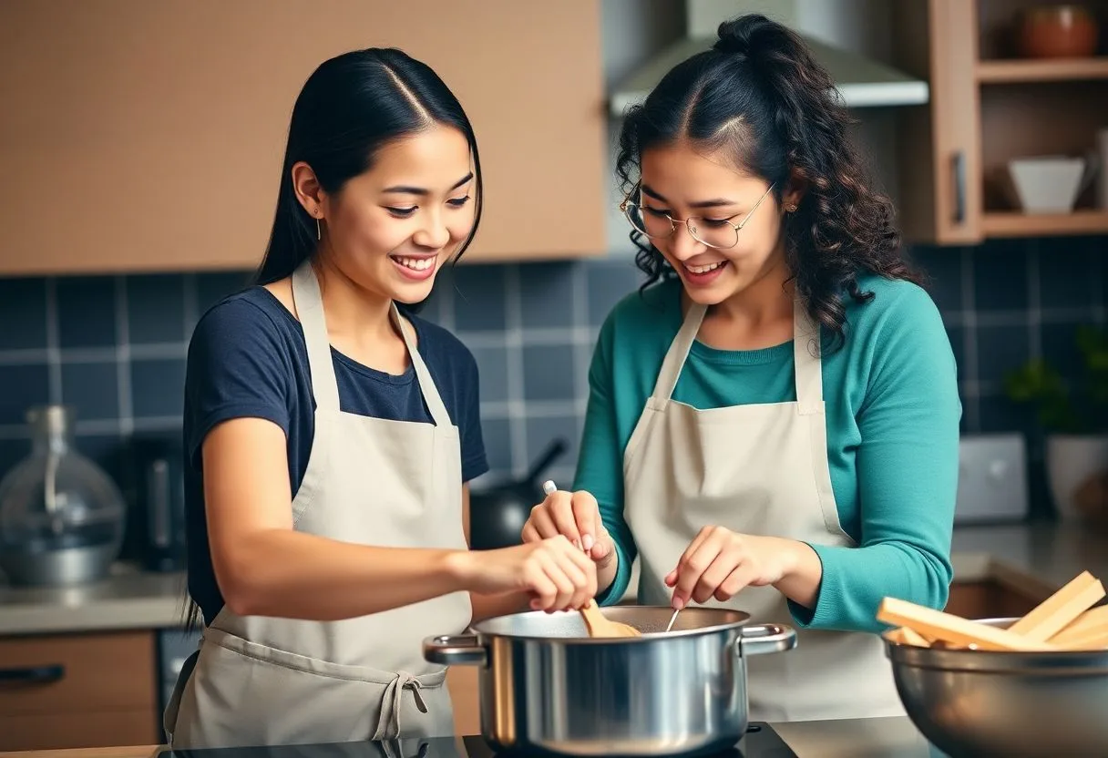 Mother and young child cooking together in the kitchen on a school night