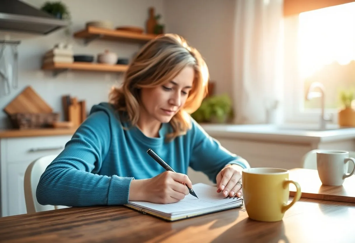Mom writing a weekly meal plan at the kitchen table with a grocery list