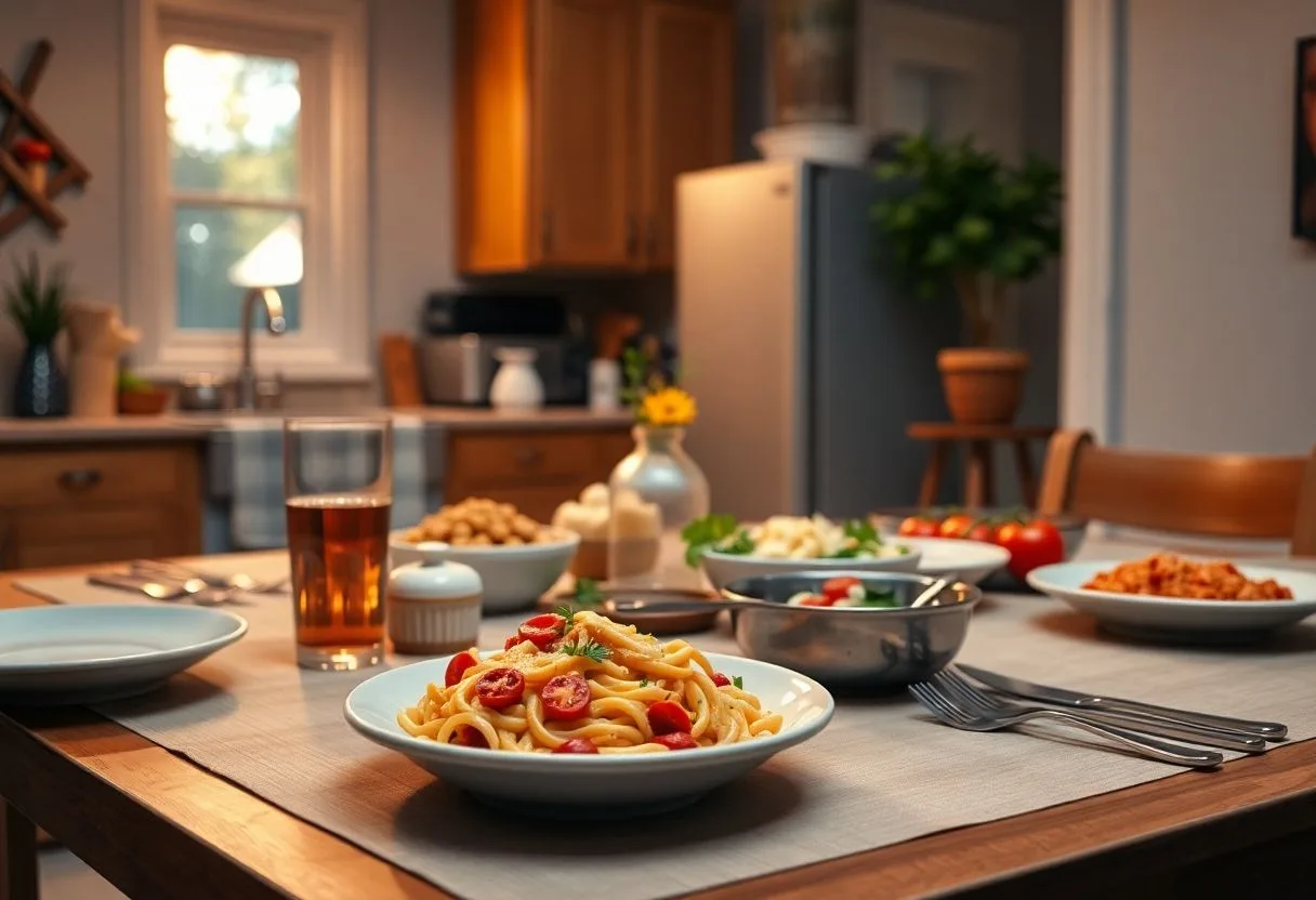 Family dinner spread on the kitchen table, warm evening light